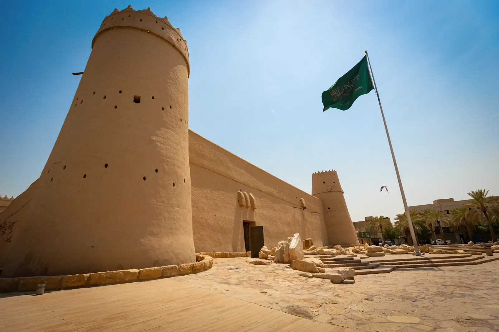 Al-Masmak Palace corner tower with Saudi national flag flying, Riyadh