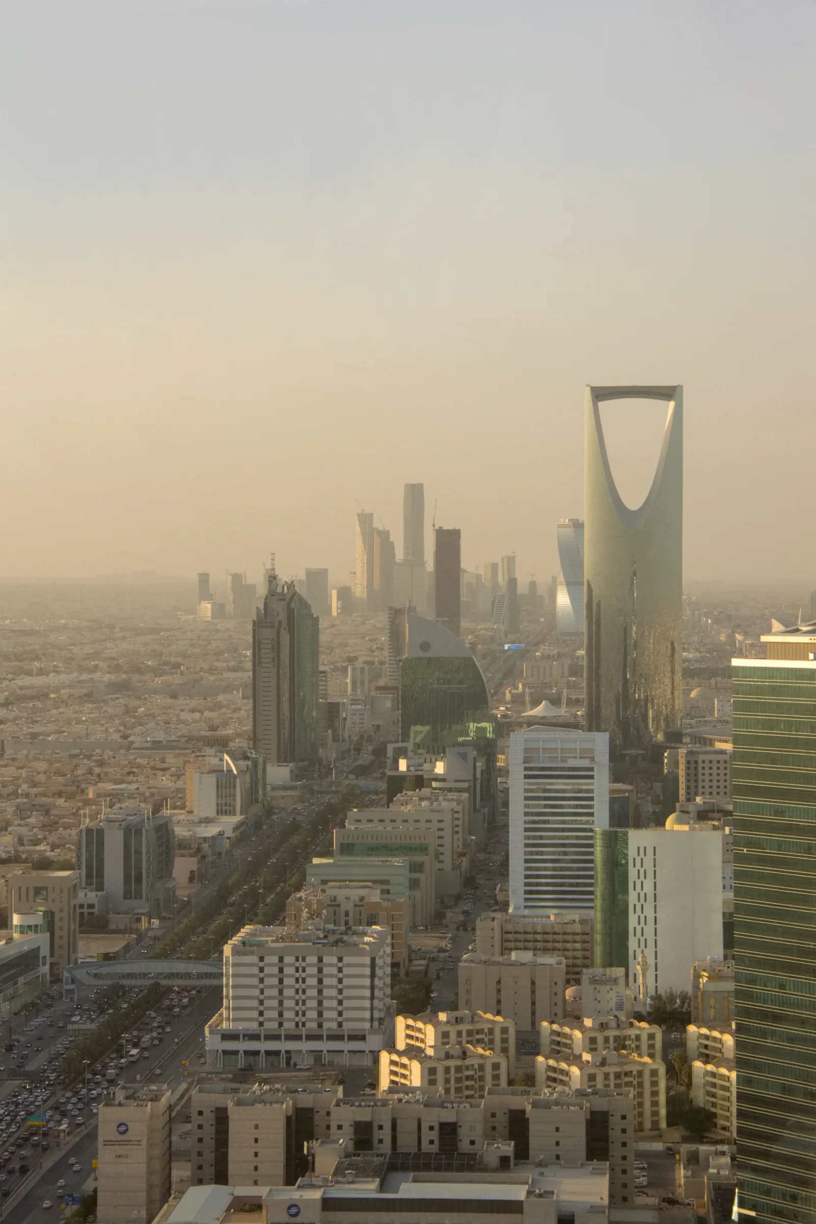 Riyadh skyline at golden hour with Kingdom Tower prominent