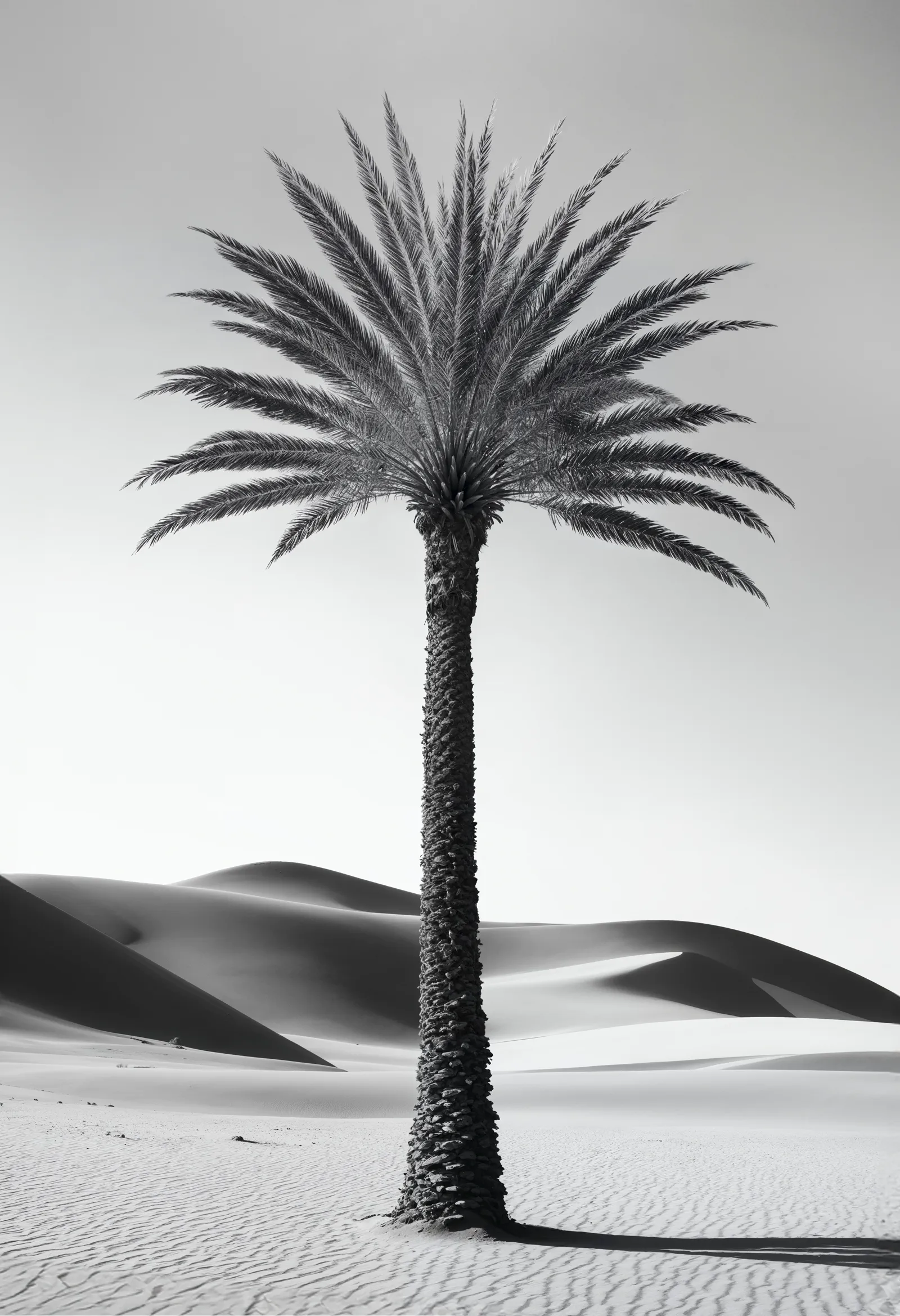 Solitary date palm rising above white sand dunes, black and white