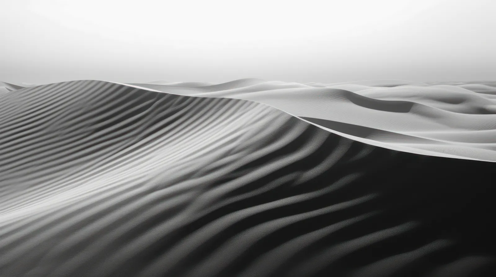 Black and white rippled sand dune waves receding to horizon